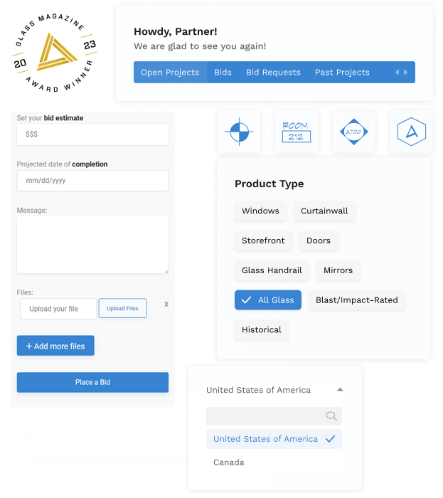 An image showcasing various features of Drafting Marketplace, including project bidding, product type options, and a user-friendly interface.